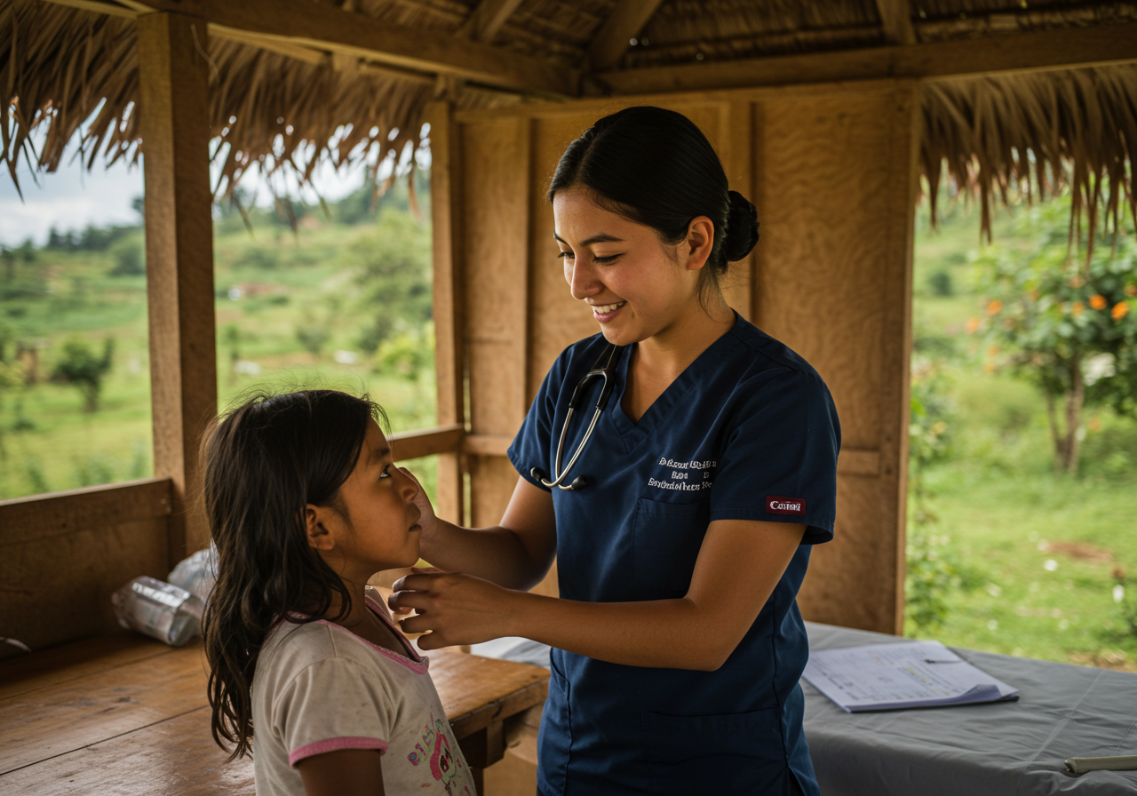 Doctora amable atendiendo a una niña en una comunidad rural.